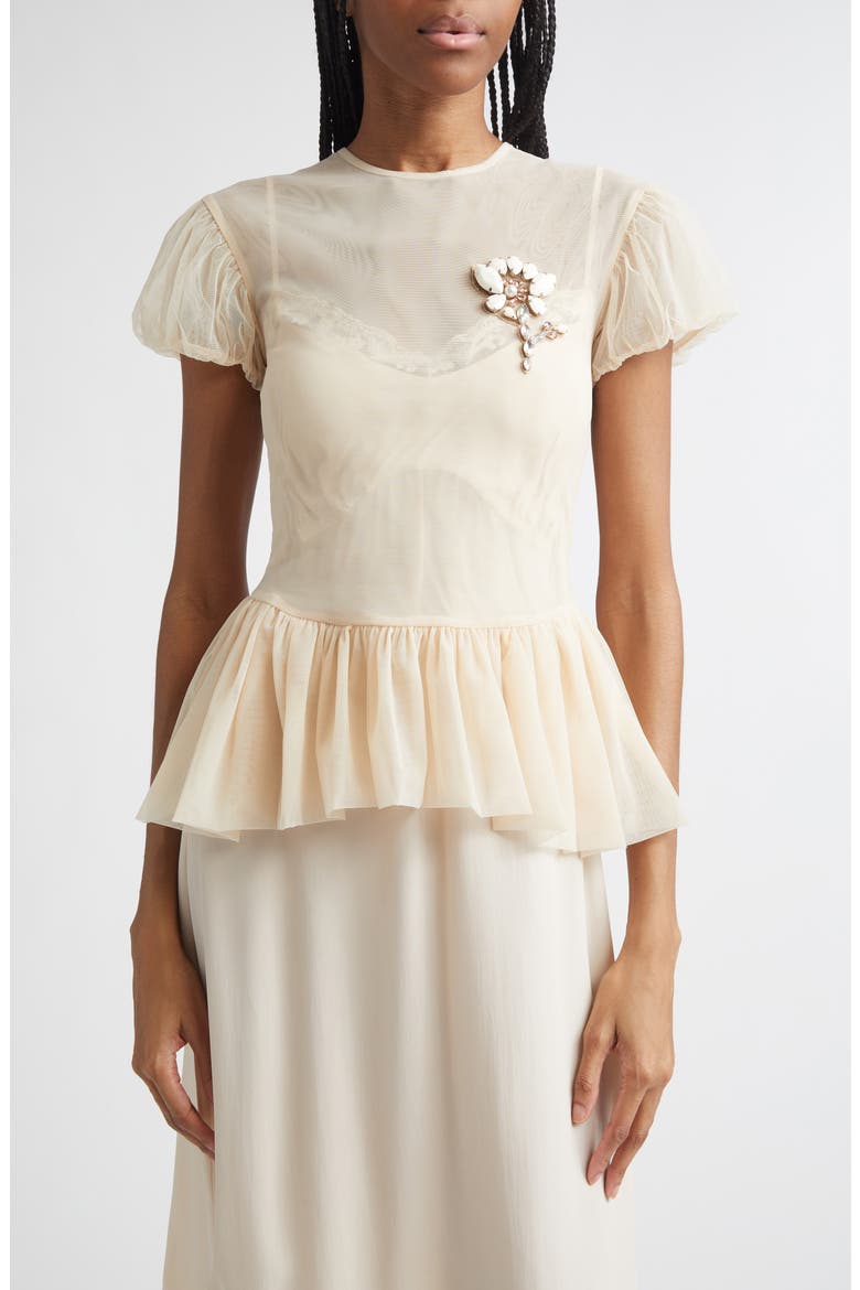 Floral Embellished Sheer Tulle Peplum Top, Main, color, BEIGE/ OPAQUE MULTI