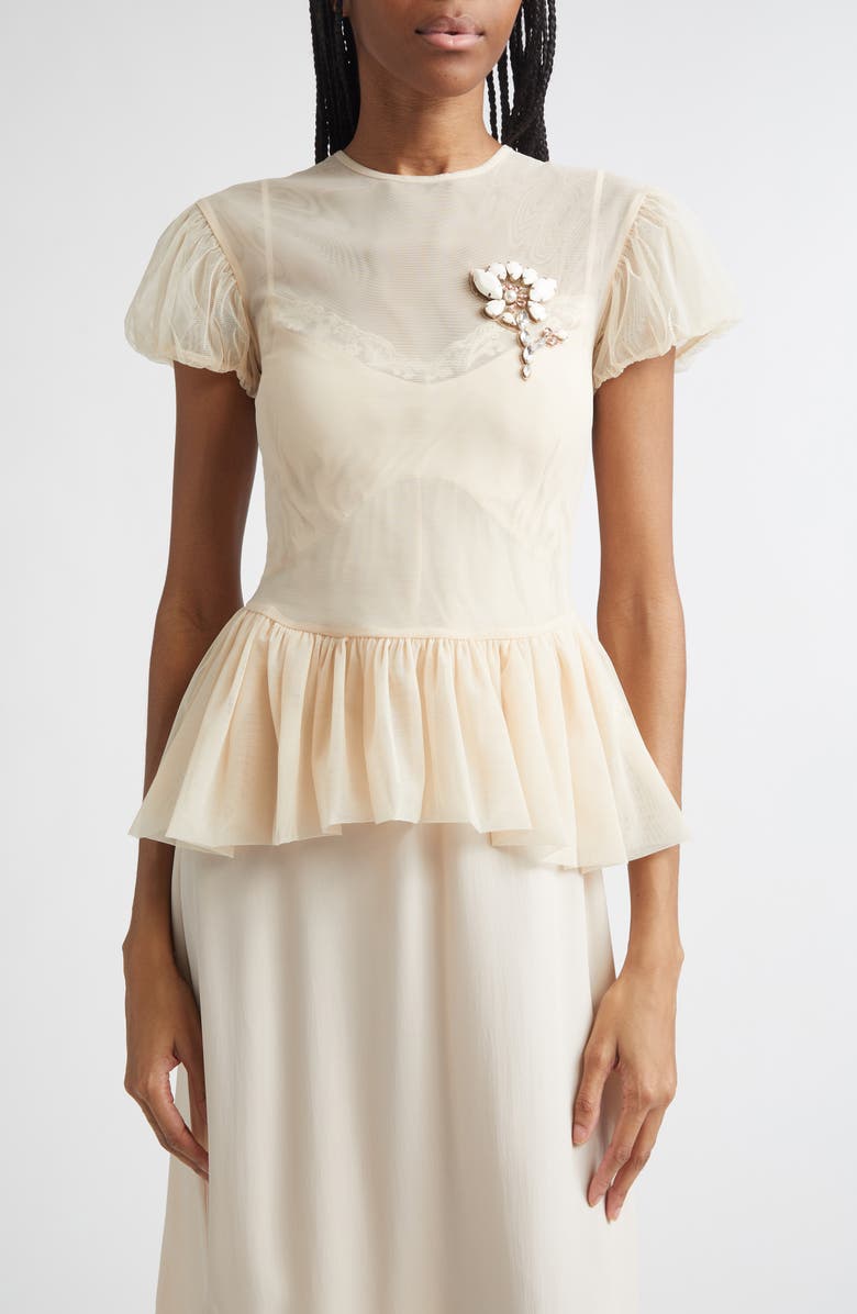 Simone Rocha Floral Embellished Sheer Tulle Peplum Top, Main, color, Beige/ Opaque Multi
