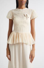 Simone Rocha Floral Embellished Sheer Tulle Peplum Top