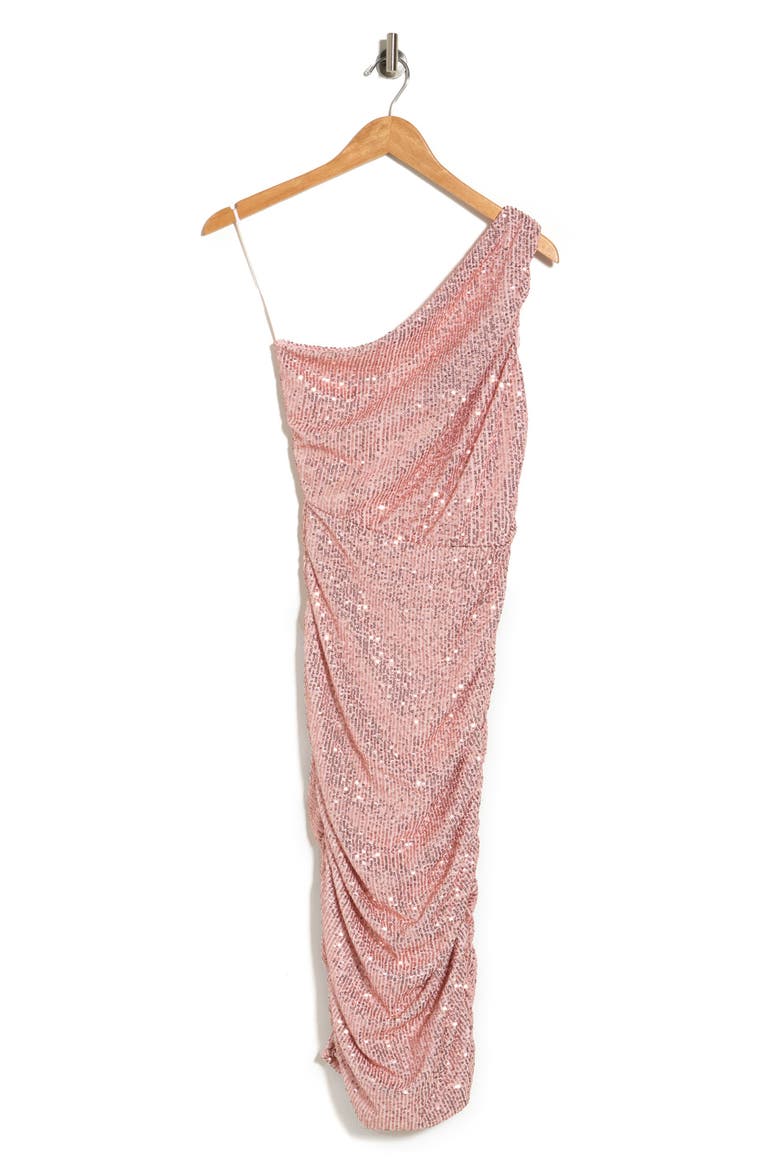 Sequin One-Shoulder Midi Dress, Alternate, color, ROSE GOLD