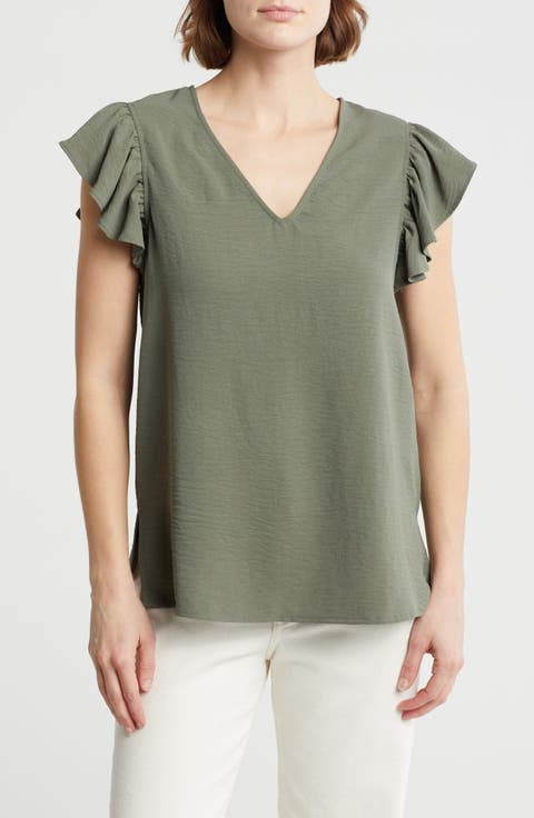 Flutter Sleeve Crinkled Satin Blouse