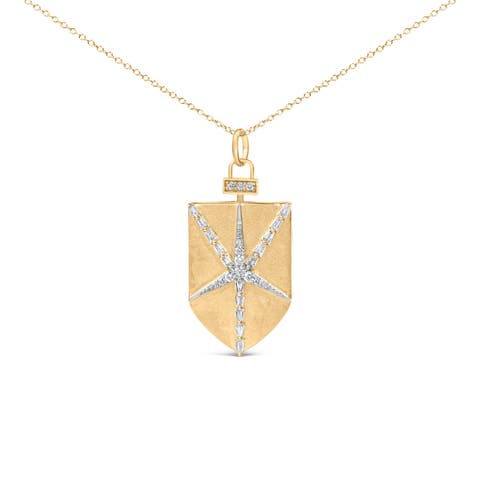 14KT Yellow Gold Plated Sterling Silver 1/2 Cttw Diamond Shield Star Medallion Pendant Necklace