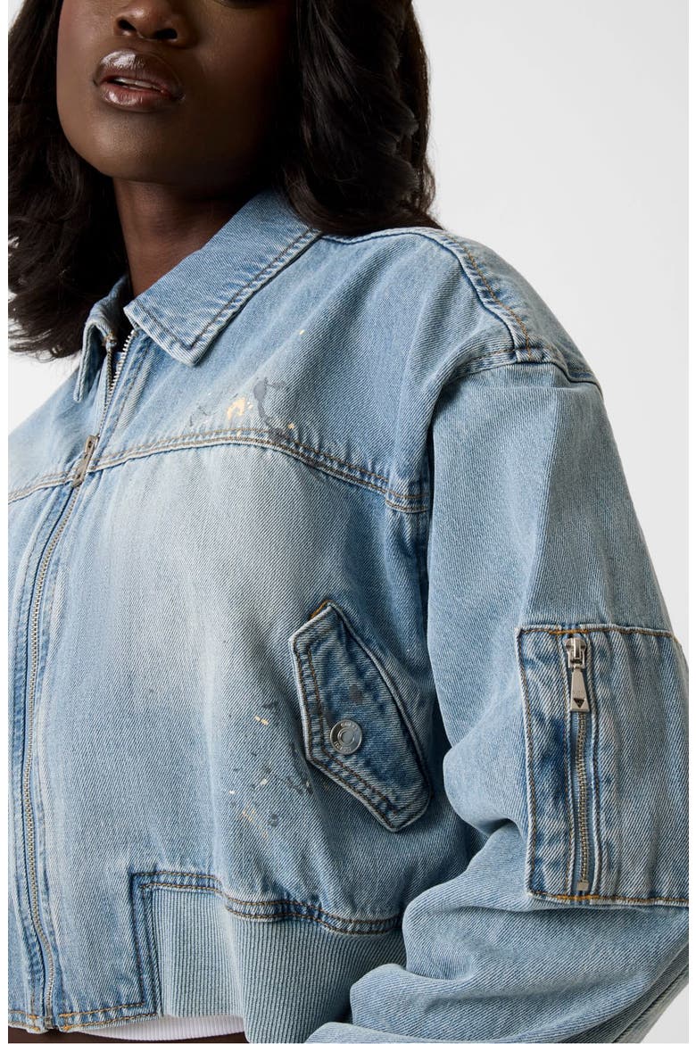 Anna Distressed Crop Denim Bomber Jacket, Alternate, color, DENIM