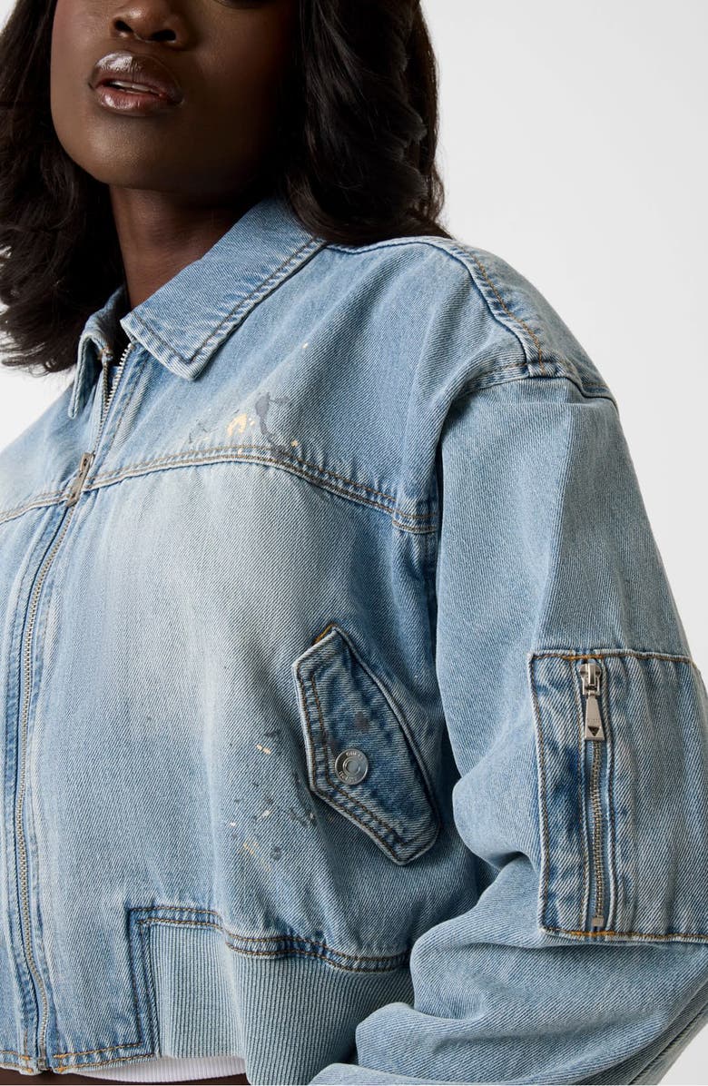 GUESS Anna Distressed Crop Denim Bomber Jacket, Alternate, color, Denim