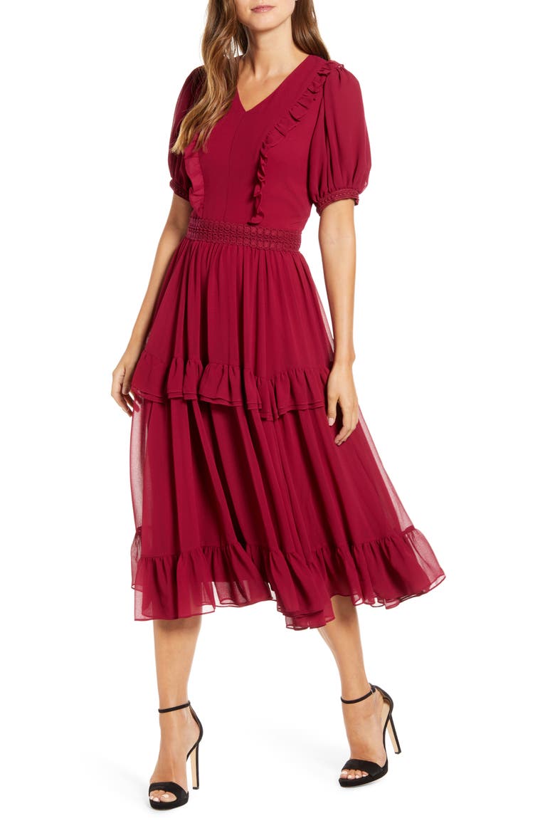 Tiered Ruffle Midi Dress, Alternate, color, BURGUNDY BEET