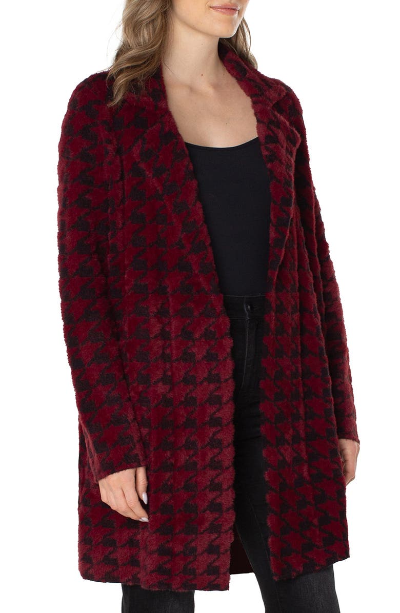 Liverpool Los Angeles Houndstooth Open Front Sweater Coat, Alternate, color, Burgundy And Black Houndstooth
