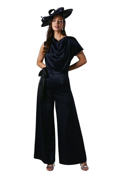 Tie Side Satin Drape Wide Leg Jumpsuit