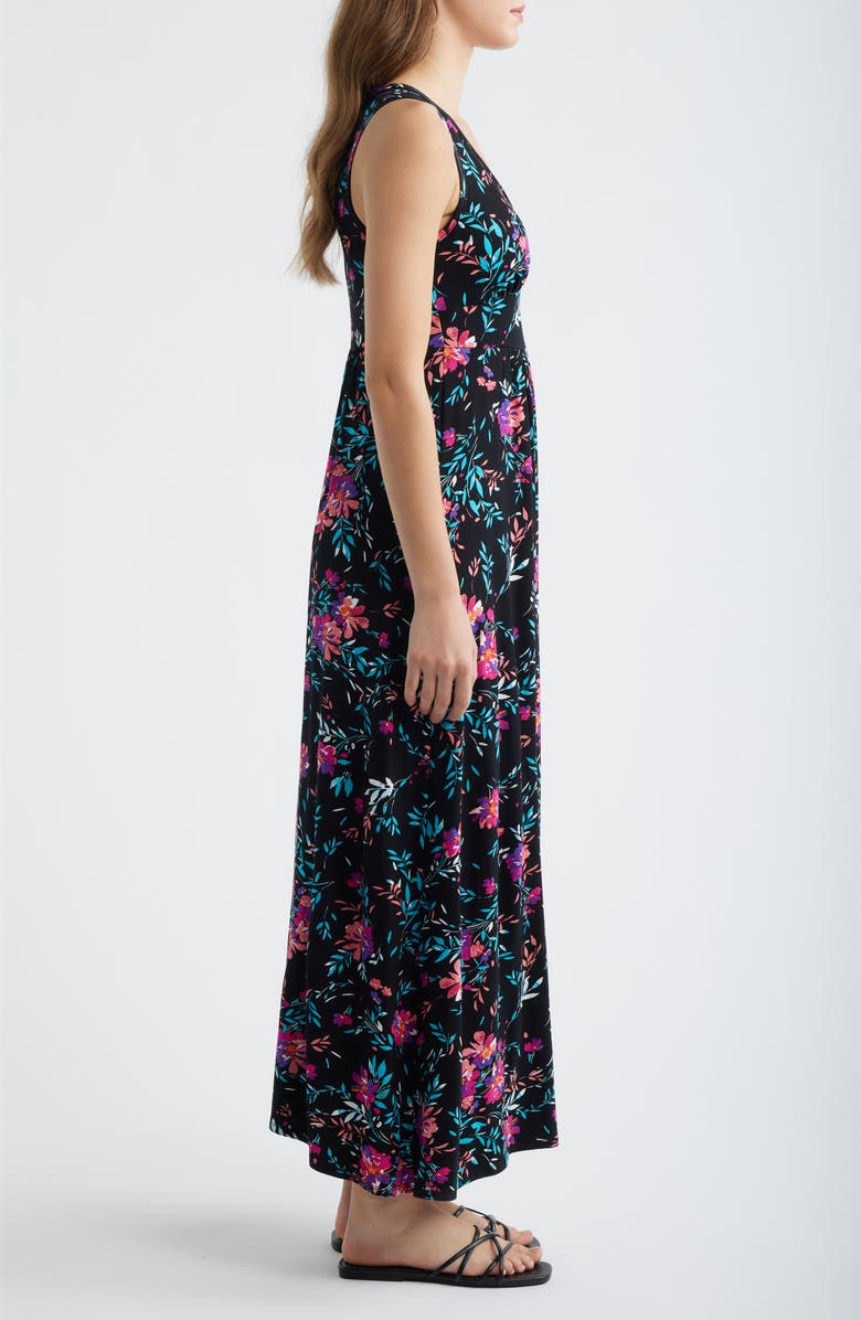 Loveappella Floral Sleeveless Jersey Maxi Dress, Alternate, color, Black/ Fuchsia