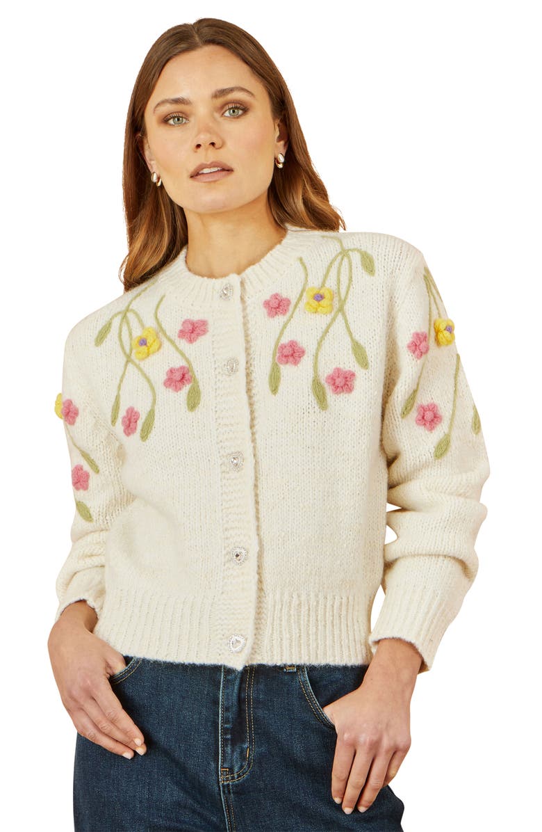 Yumi Hand Embroidered Flower Cardigan, Main, color, Ivory