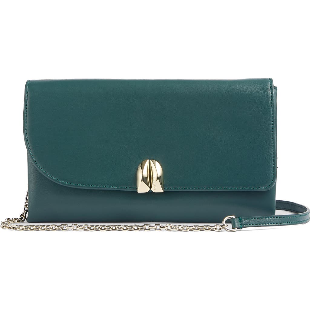 Lk Bennett Aria Curve Flap Suede Clutch In Smoke Green