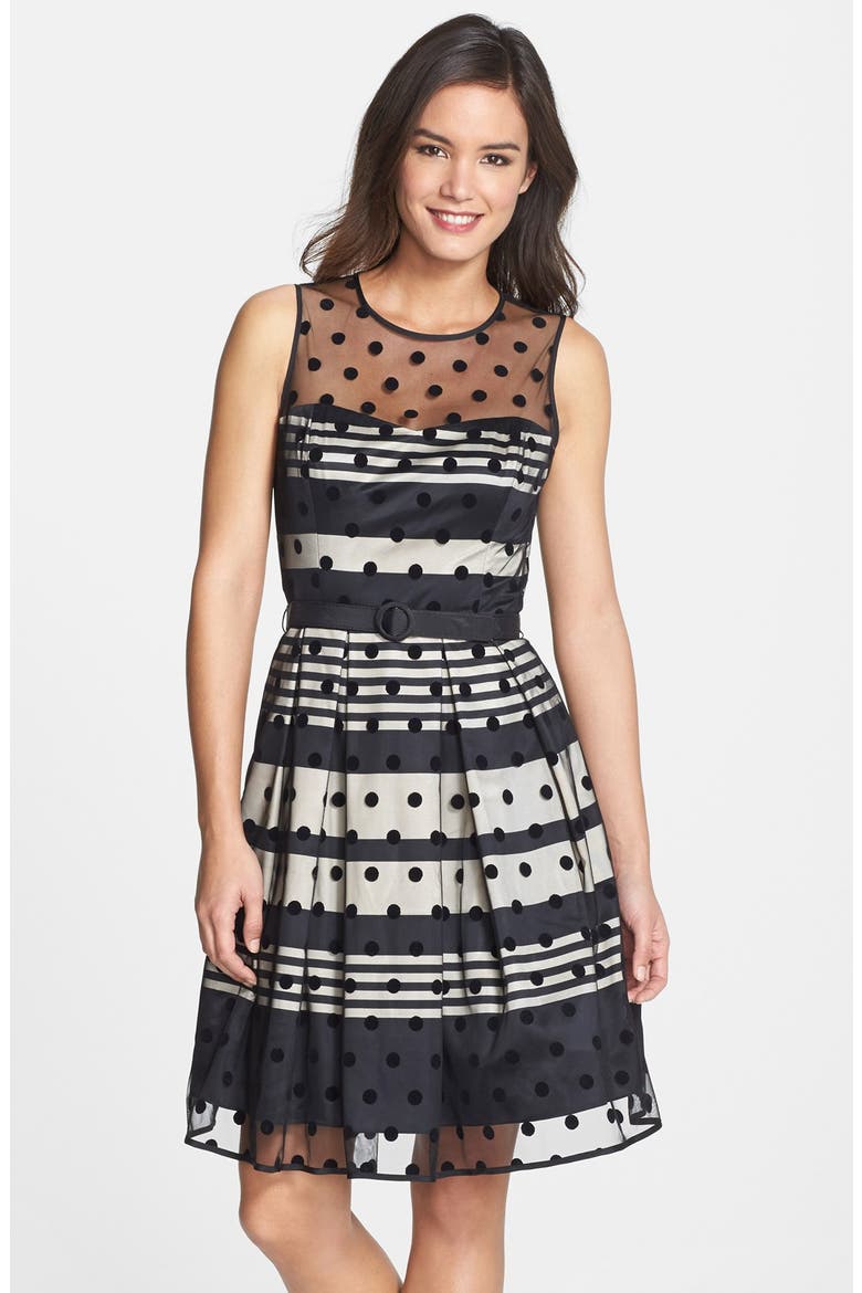 Illusion Dot Charmeuse Fit & Flare Dress, Main, color, BLACK/ IVORY