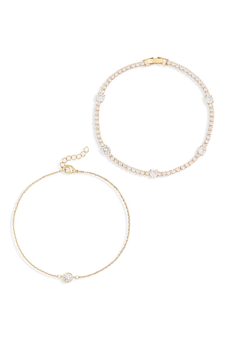 Set of 2 Cubic Zirconia Anklets, Main, color, CLEAR- GOLD