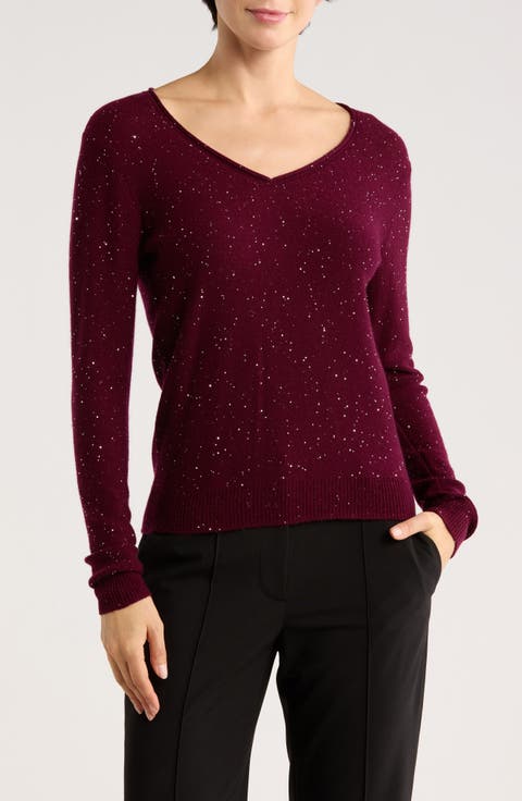Sequin V-Neck Wool Cashmere Blend Sweater