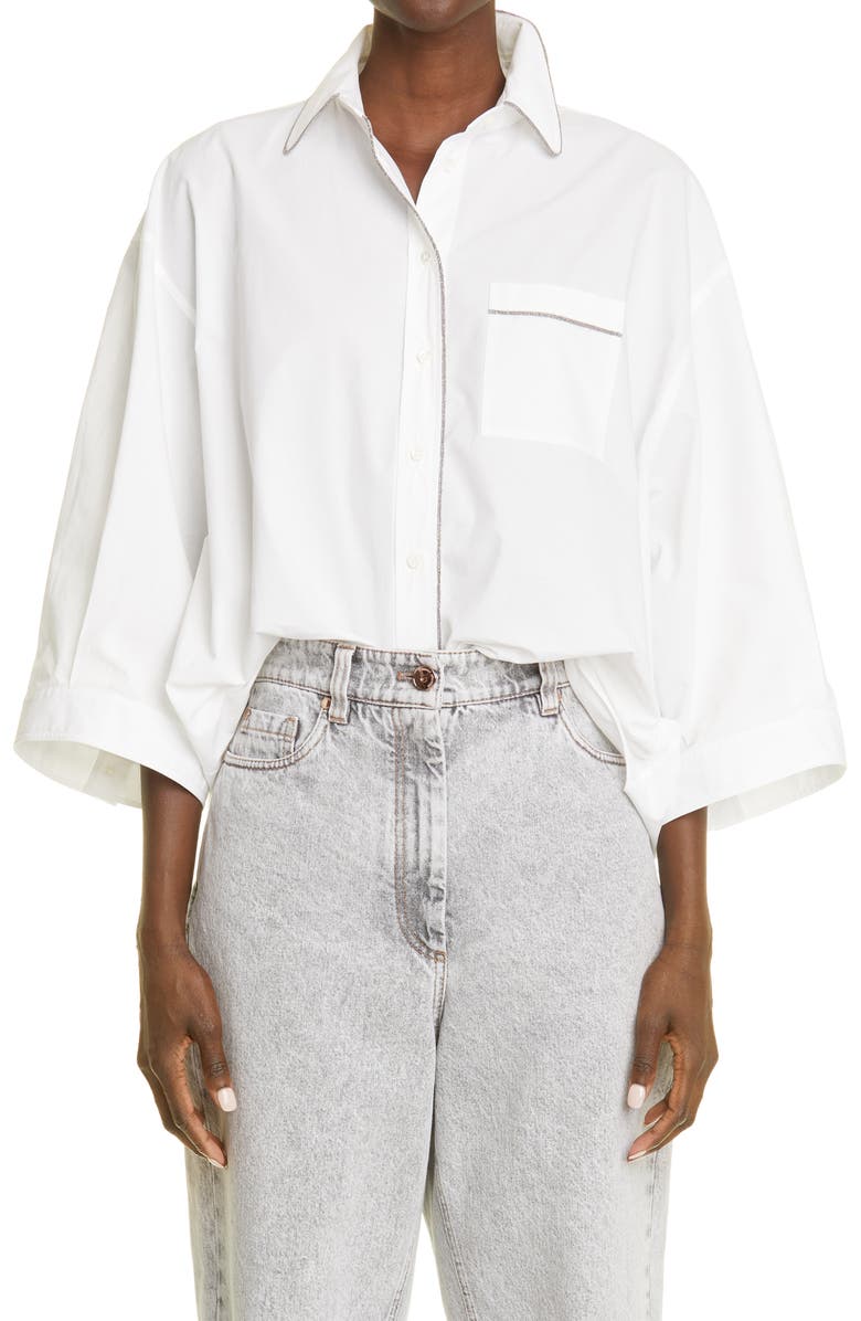 Brunello Cucinelli Embellished Trim Cotton Button-Up Blouse, Main, color,