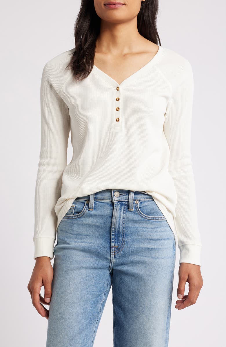 Caslon<sup>®</sup> Waffle Knit Cotton Blend Henley Top, Main, color, Ivory Pristine