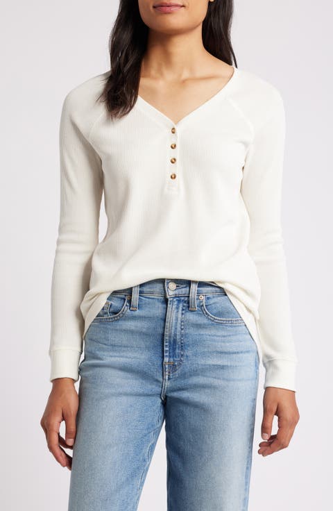 Waffle Knit Cotton Blend Henley Top