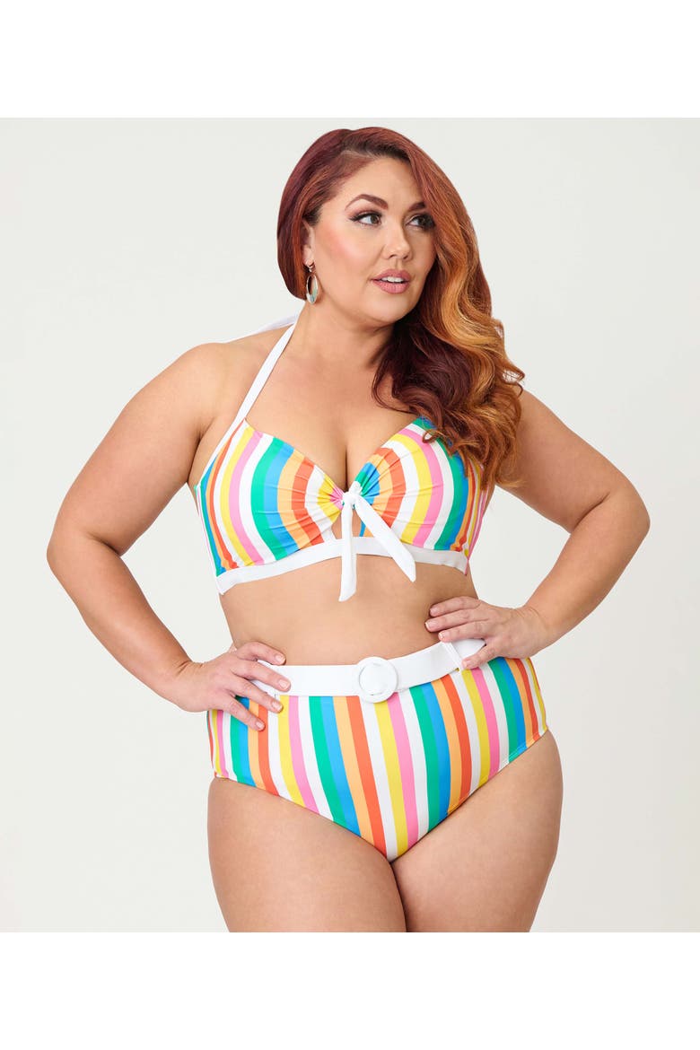 Plus Size High Waisted Belted Redondo Swim Bottoms, Main, color, Blue Rainbow Stripe