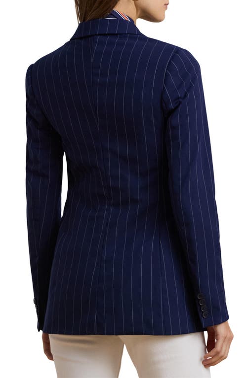Shop Ralph Lauren Lauren Pinstripe Double Breasted Wool Blend Blazer In Navy/white
