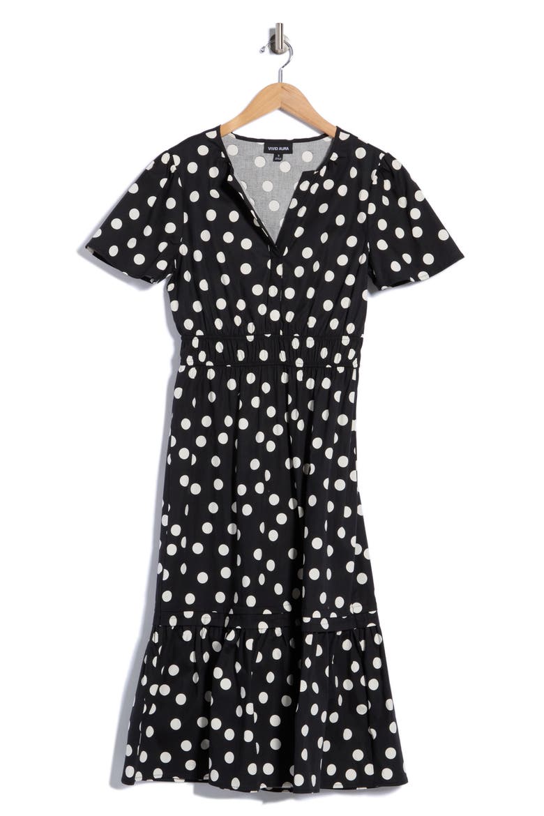 Polka Dot Short Sleeve Flounced Midi Dress, Alternate, color, BLACK/ TAUPE