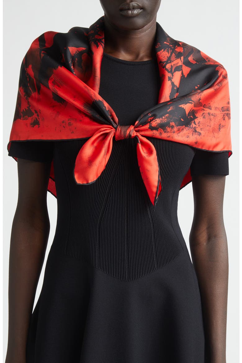 Floral Collage Silk Twill Square Scarf, Alternate, color, RED/ BLACK