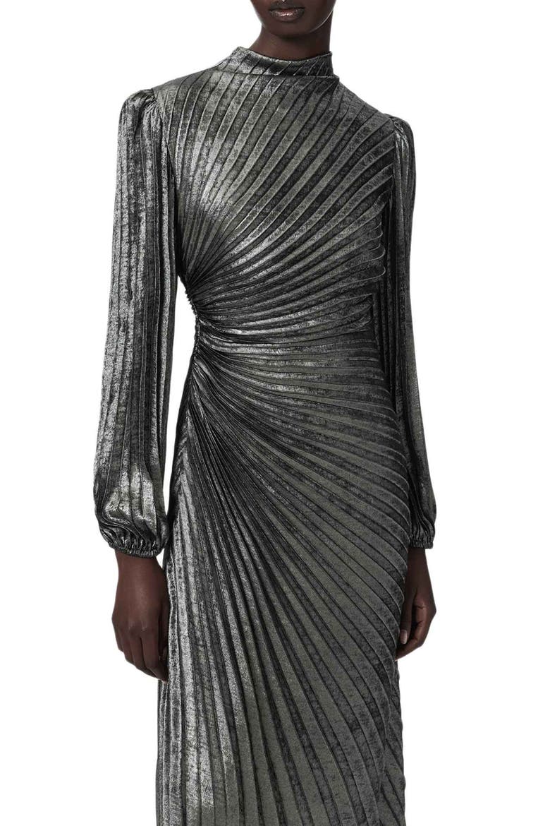Milena Pleated Metallic Midi Dress, Alternate, color, PLATINUM SILVER