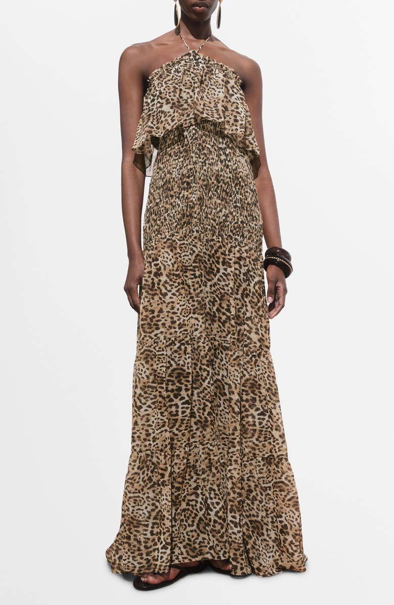 MANGO Leopard Print Halter Maxi Dress, Main, color, Brown
