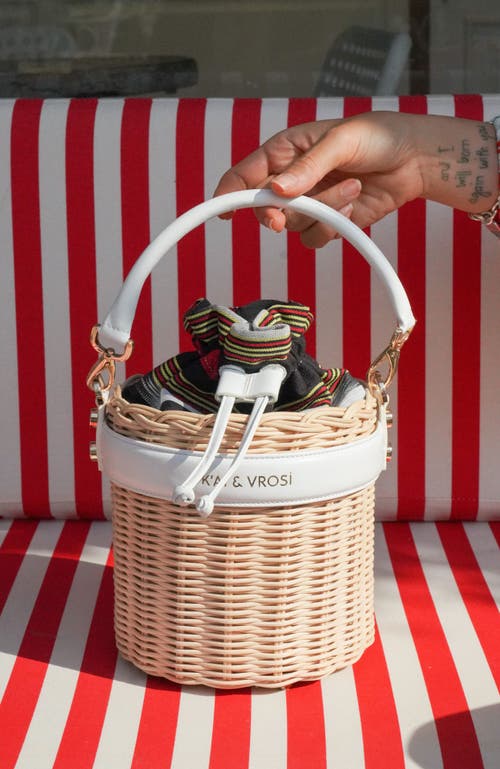 Kai & Vrosi K'ai & Vrosi Leather & Straw Bucket Bag With Drawstring In White