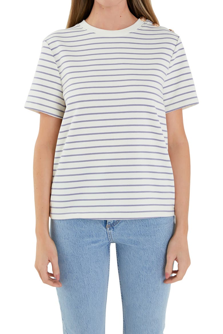 Button Stripe Jersey T-Shirt, Alternate, color, CREAM/ PURPLE