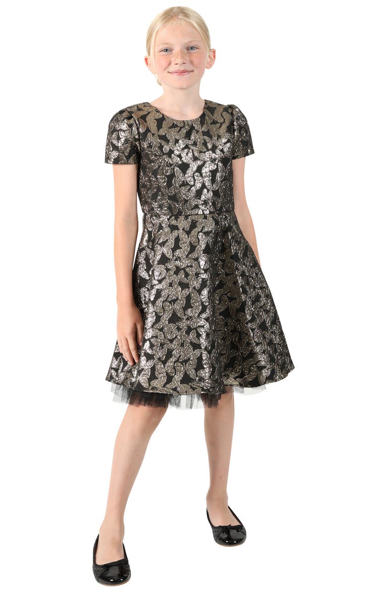 BLUSH by Us Angels Kids' Metallic Butterfly Brocade Party Dress, Main, color, Black/ Gold