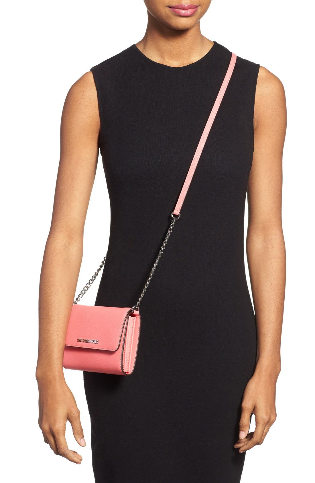 'Large Jet Set' Saffiano Leather Crossbody Bag, Alternate, color, CORAL/ SILVER