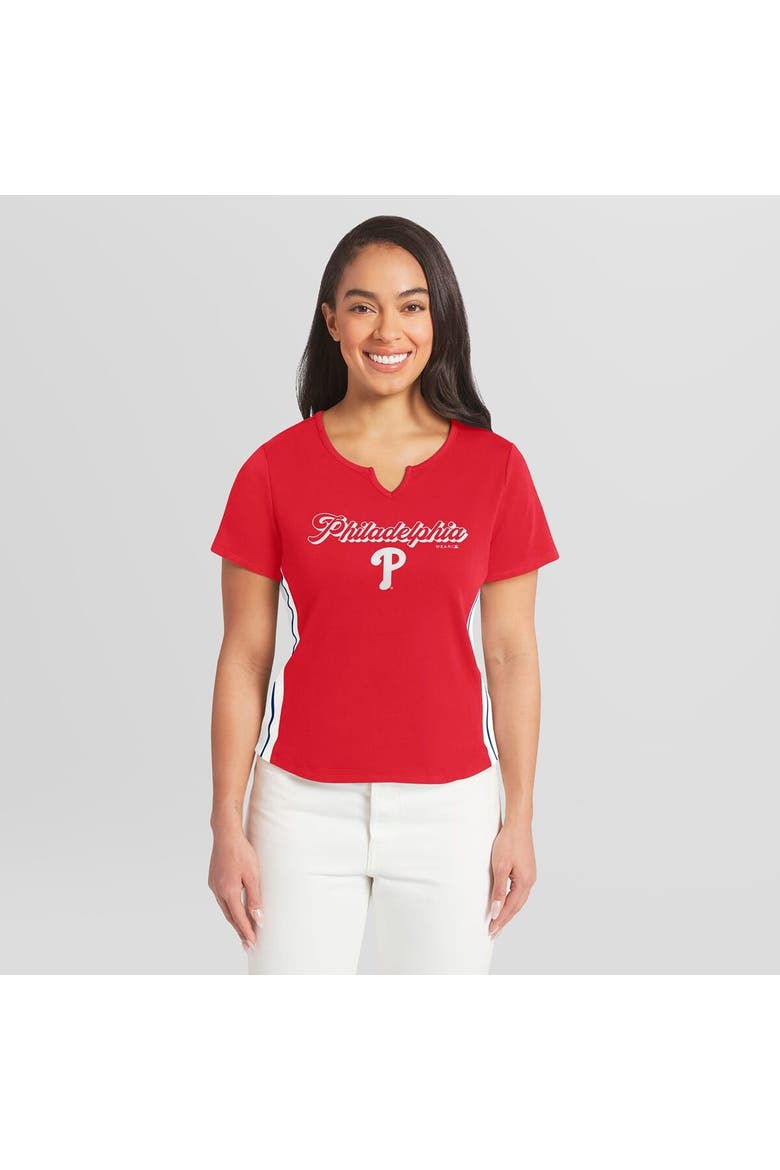 Women's WEAR by Erin Andrews  Red Philadelphia Phillies Notch Neck Cropped T-Shirt, Main, color, Red