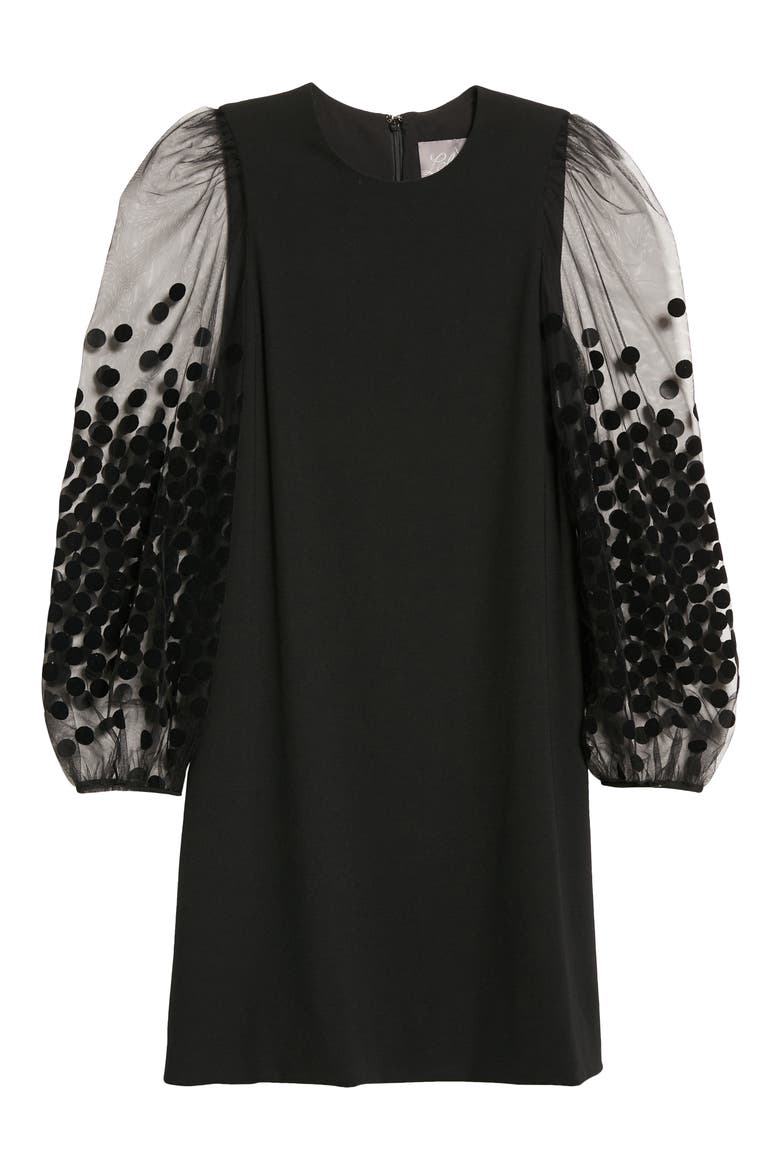 Flocked Dot Long Sleeve Shift Dress, Alternate, color, BLACK