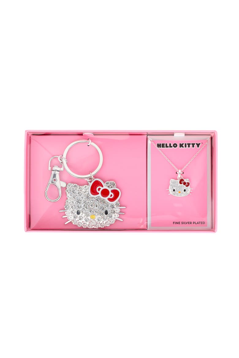 SALLY ROSE Hello Kitty Keychain and Necklace Set for Women Official License, Crystal Pave Sanrio Pendant Necklace and Key Chain, Alternate, color, white, red