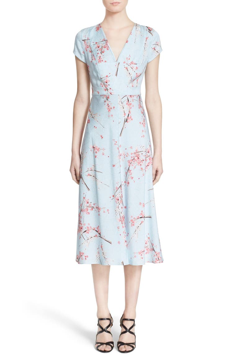 Floral Print Silk Twill Midi Dress, Main, color, BLUE CHERRY BLOSSOM PRINT