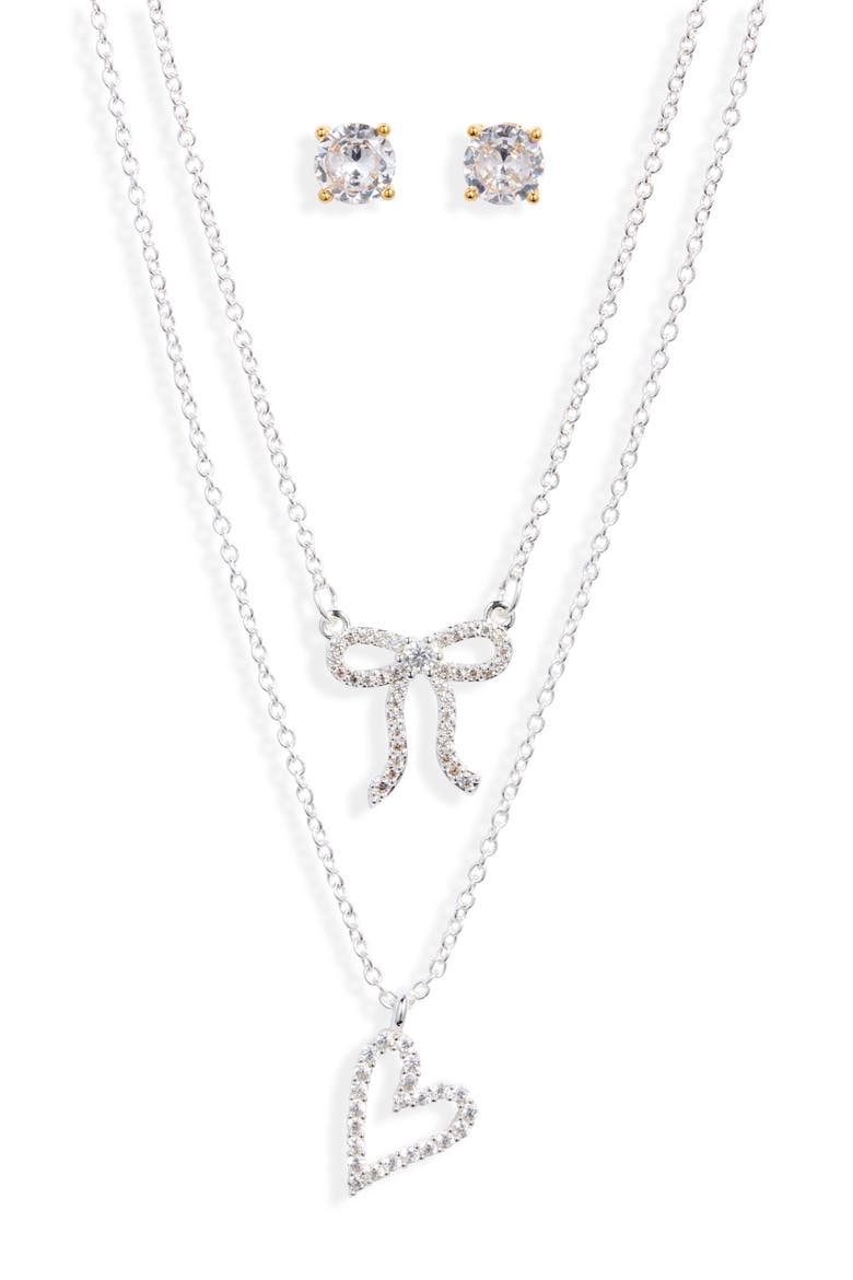 3-Piece Bow & Heart Necklace and Stud Earrings Set, Alternate, color, STERLING SILVER DIPPED