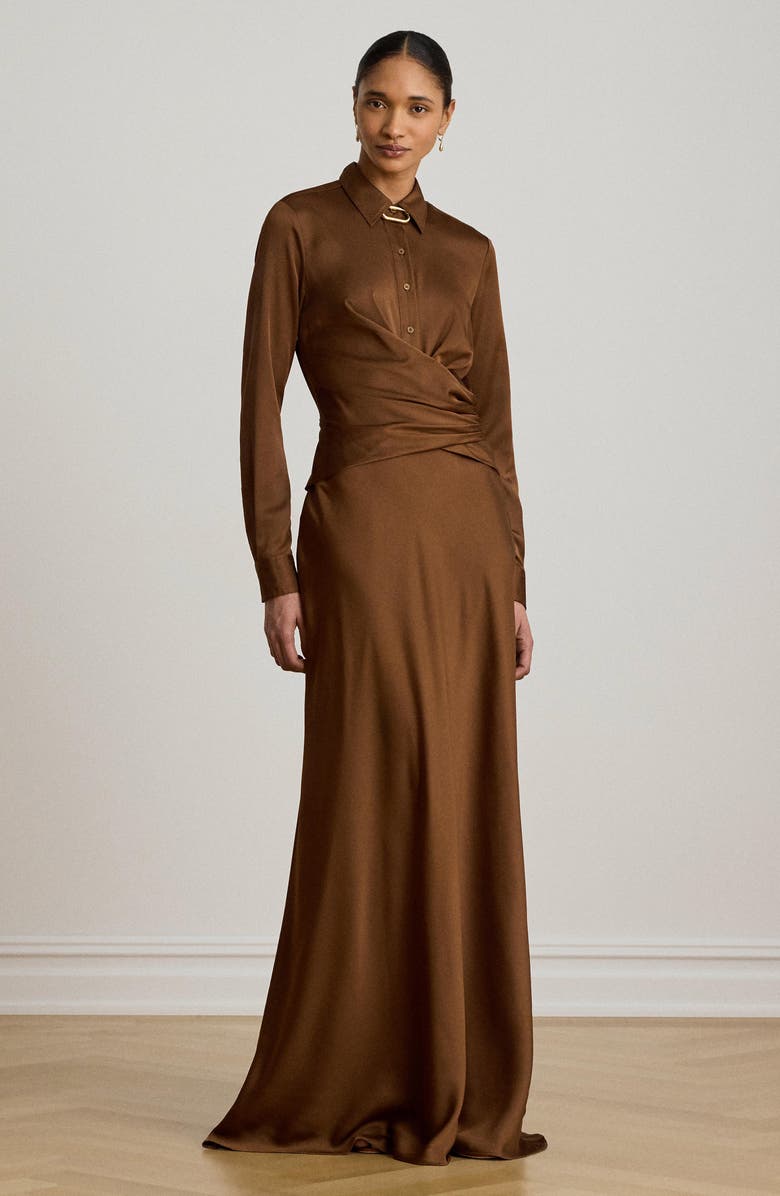 Lauren Ralph Lauren Featherweight Satin Charmeuse Shirtdress Gown, Alternate, color, Light Tobacco Brown