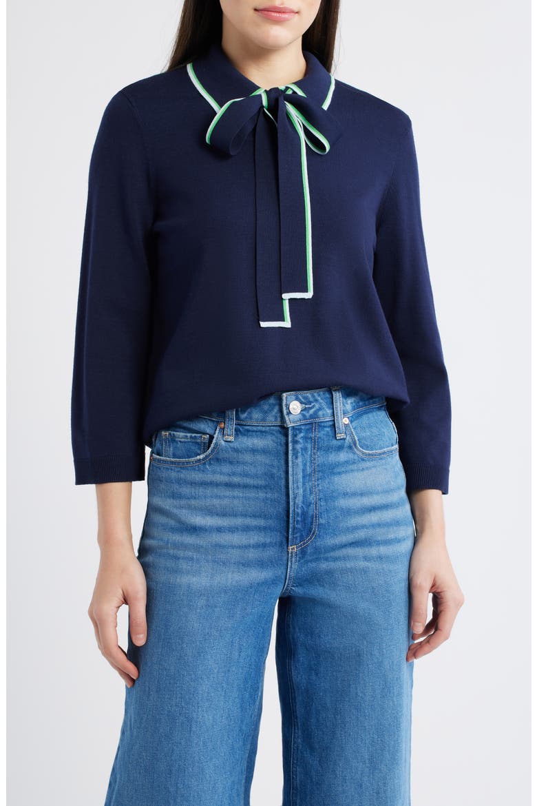 Tipped Bow Sweater, Main, color, NAVY/ RETRO GREEN MULTI