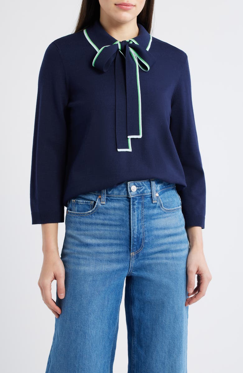 Wit & Wisdom Tipped Bow Sweater, Main, color, Navy/ Retro Green Multi