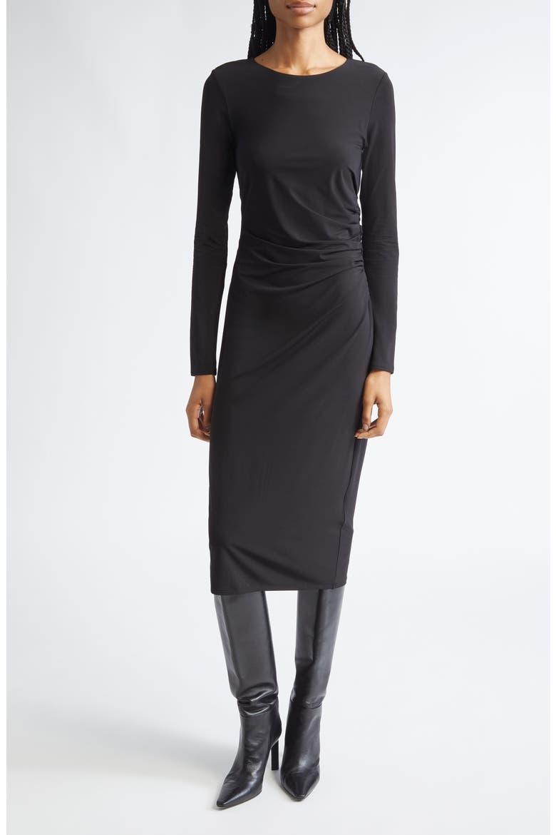 Long Sleeve Ruched Jersey Midi Dress, Main, color, BLACK