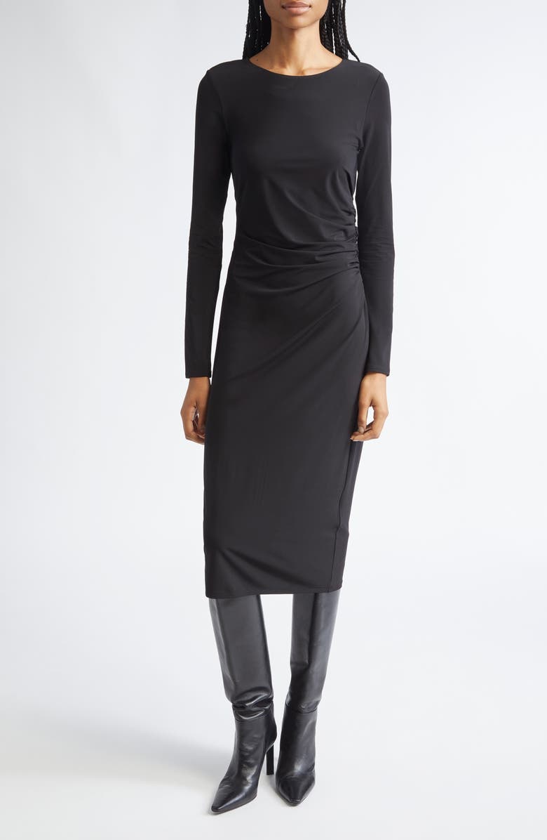Max Mara Studio Long Sleeve Ruched Jersey Midi Dress, Main, color, Black