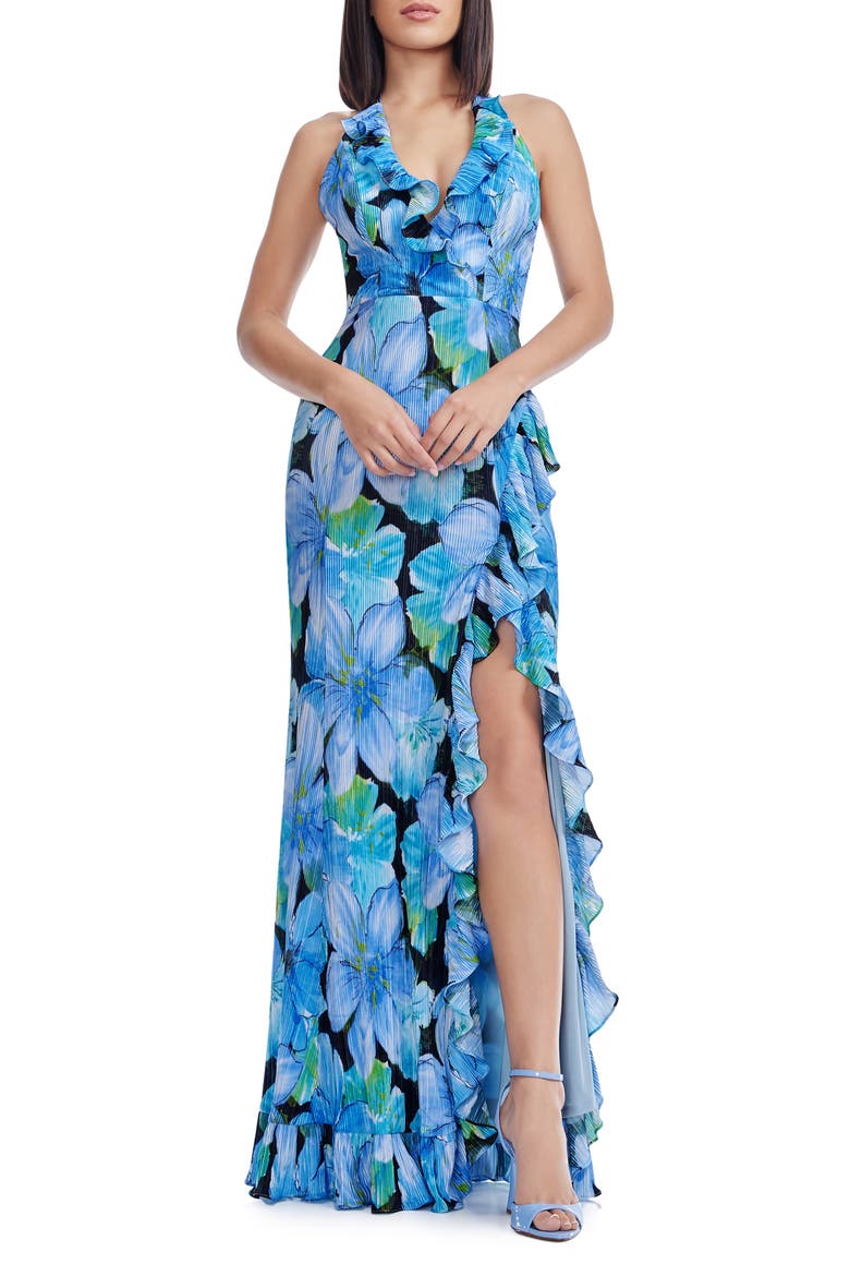 Kathleen Floral Ruffle Halter Gown, Main, color, COBALT MULTI