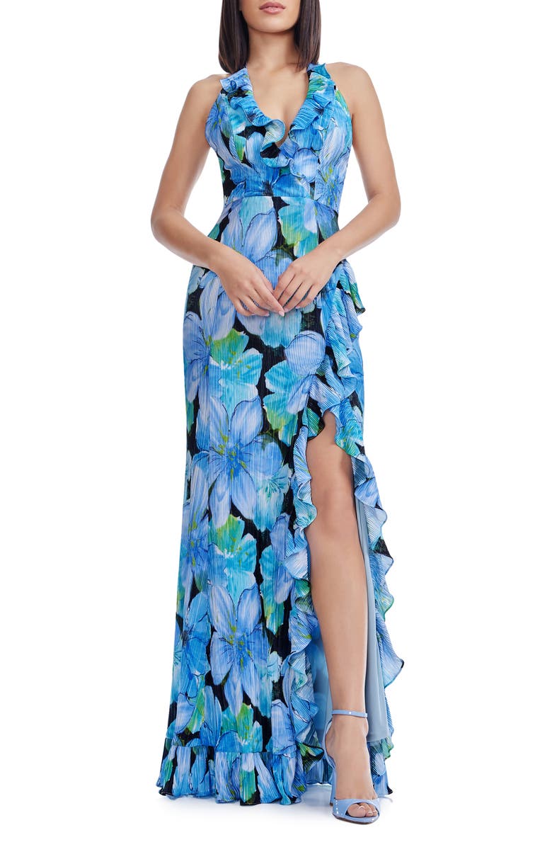 Dress the Population Kathleen Floral Ruffle Halter Gown, Main, color, Cobalt Multi