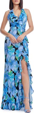 Dress the Population Kathleen Floral Ruffle Halter Gown