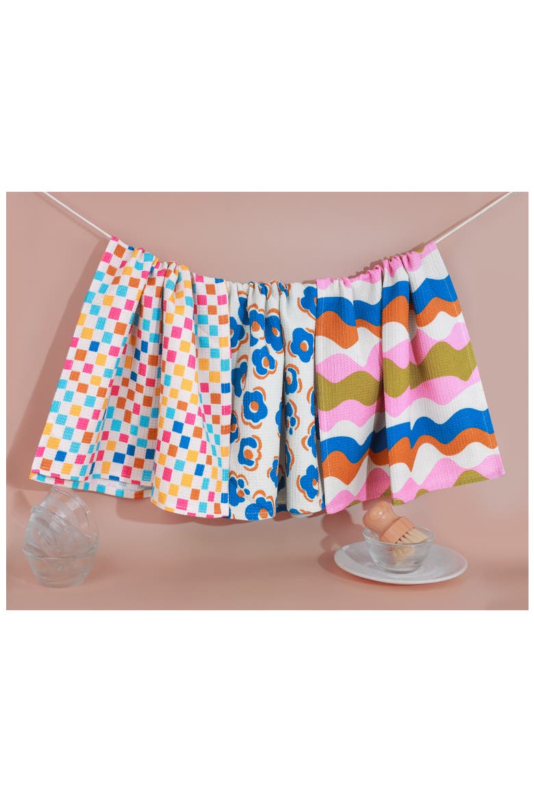Mid Century Mod Set of 3 Cotton Waffle Kitchen Towels, Alternate, color, FUCHSIA/ COBALT/ OLIVE