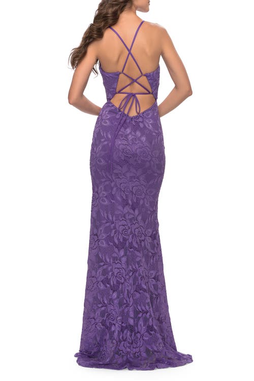 La Femme Fitted Stretch Lace Prom Dress With Banded Waist