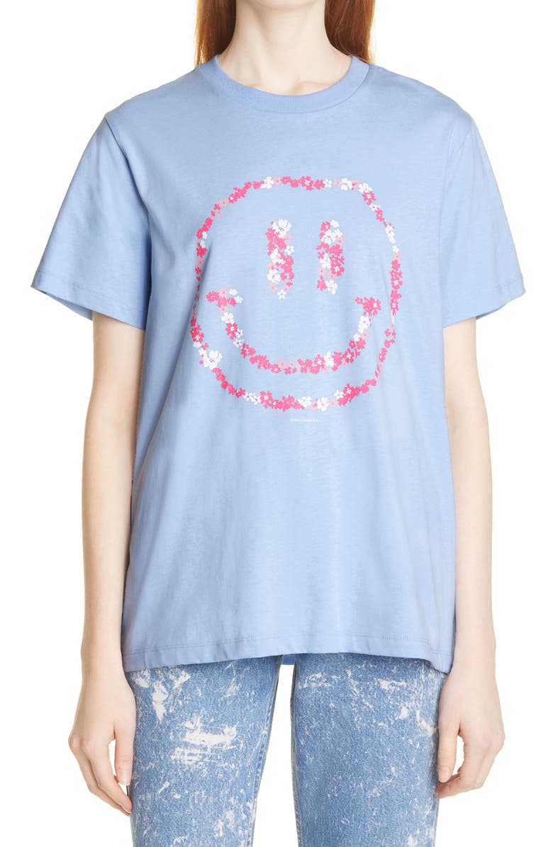 Ganni Flower Smiley Face Organic Cotton Graphic Tee, Main, color, 