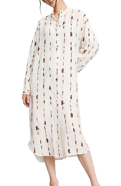 Printed Midi Shirt Dress With Korean Collar