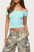 EDIKTED Moranne Lacey Off the Shoulder Ribbed Top