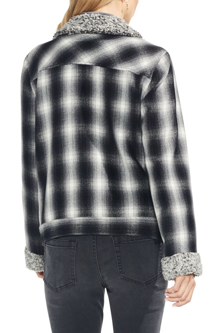 Faux Shearling Trim Plaid Jacket, Alternate, color, RICH BLACK
