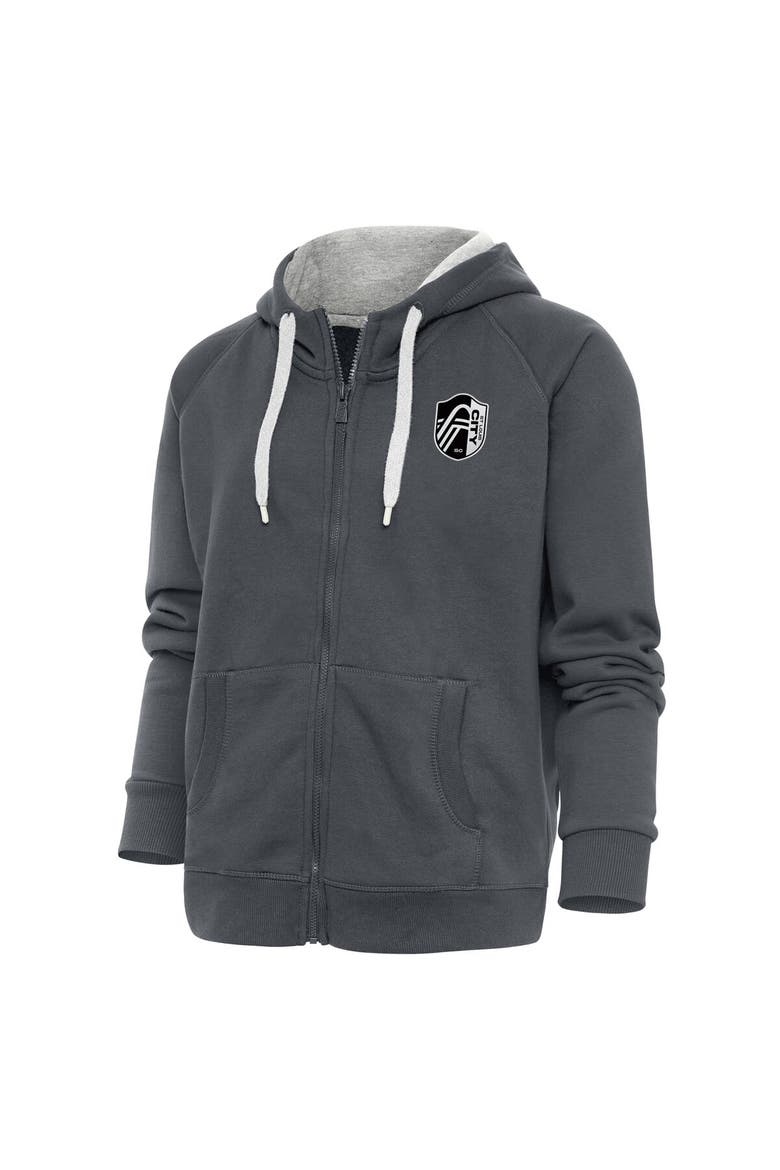 Women's Antigua Charcoal St. Louis City SC Brushed Metallic Logo Victory Full-Zip Hoodie, Main, color, Charcoal